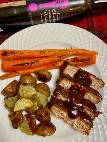 Dark Chocolate Balsamic Pork Tenderloin with Roasted Potatoes and Carrots